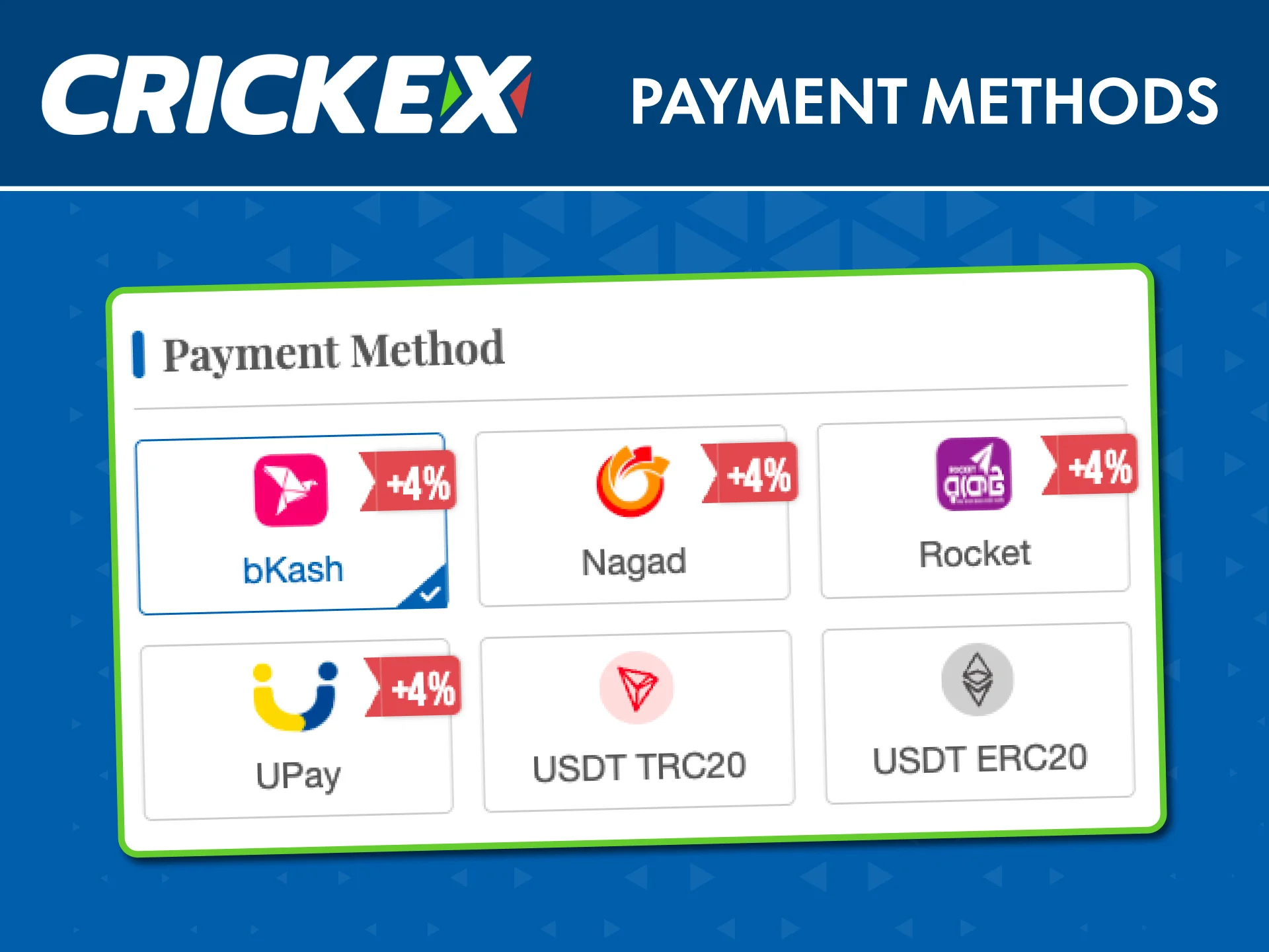Choose your preferred payment method at Crickex with zero commission.