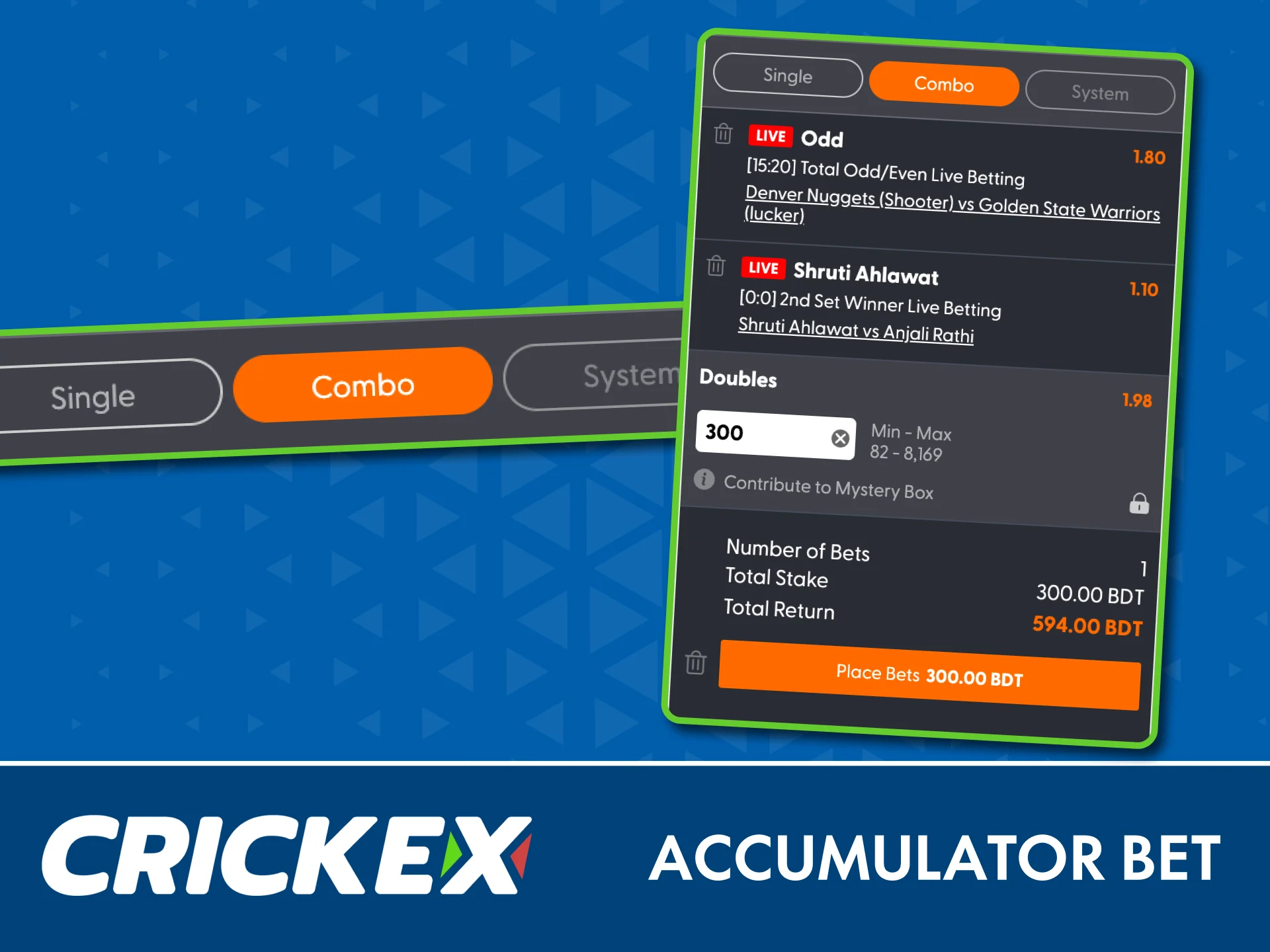Combine multiple outcomes in one accumulator bet on Crickex.
