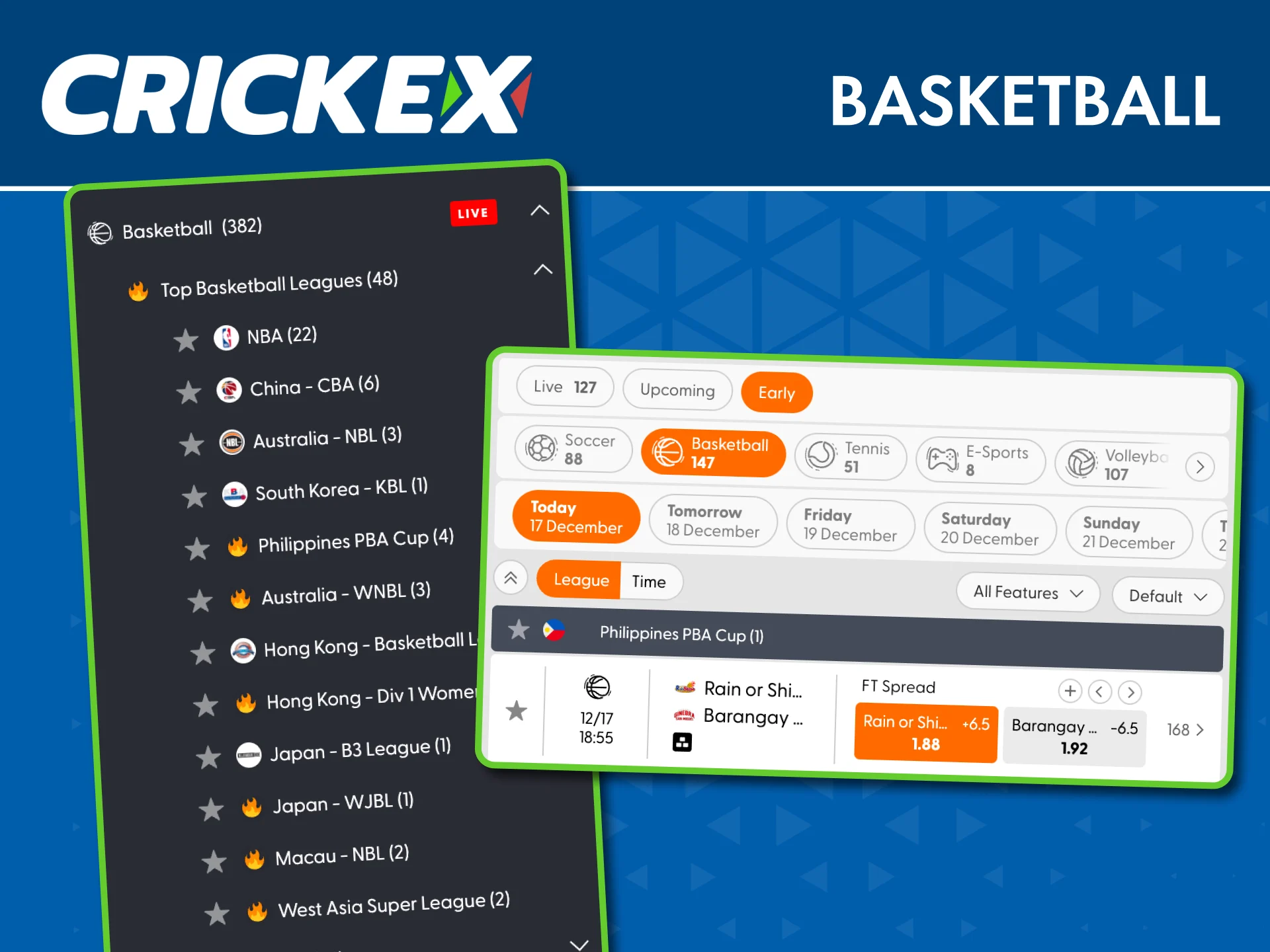 Place basketball bets on top leagues using Crickex now.