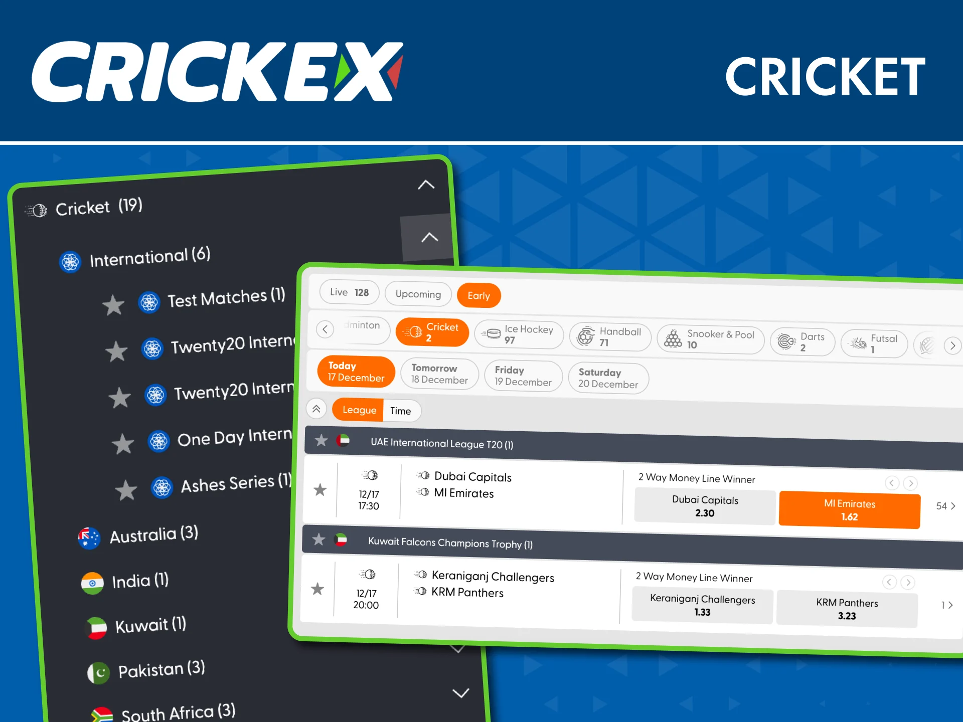 Choose cricket match winner and player markets on Crickex now.