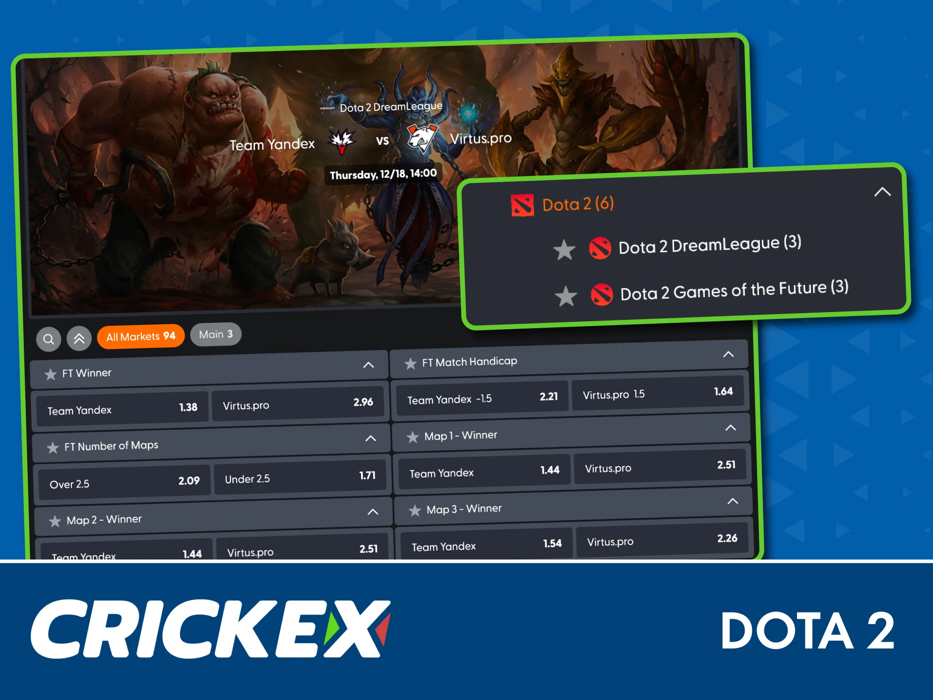 Bet on top Dota 2 tournaments with Crickex esports betting today.
