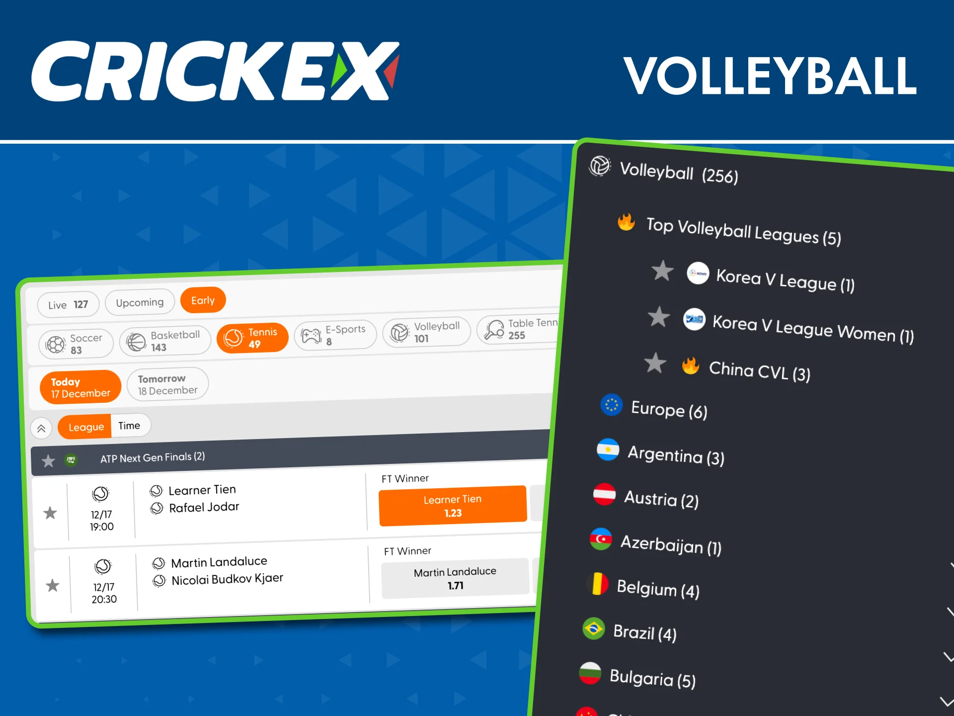 Explore volleyball betting markets on Crickex and start playing.