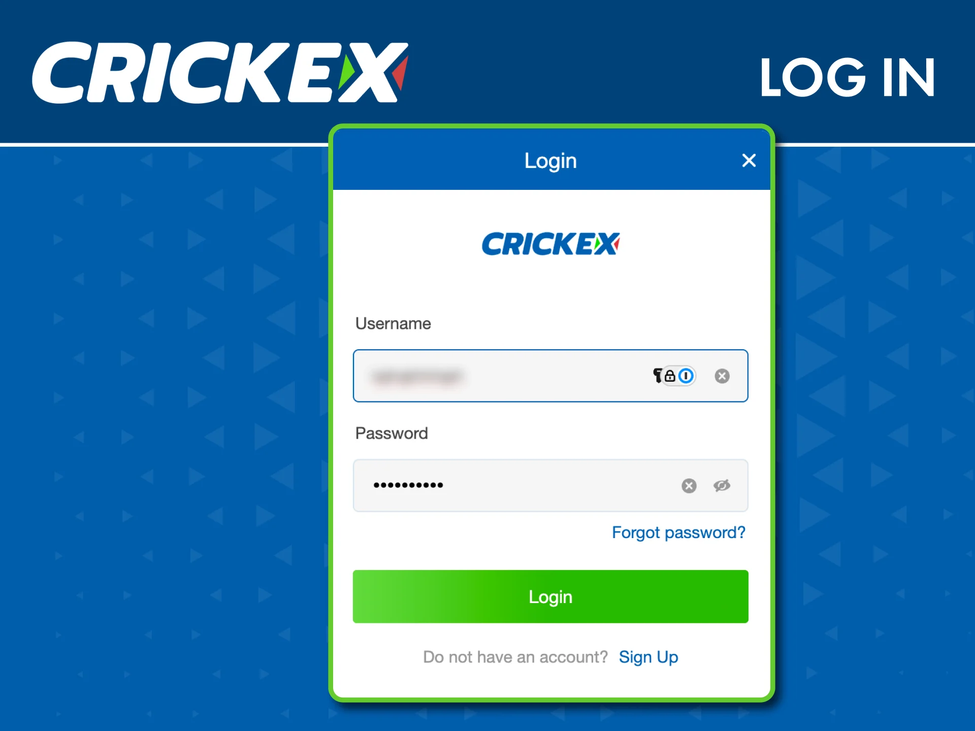 Log in to your Crickex account to access all betting and casino features.